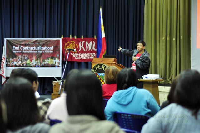 END CONTRACTUALIZATION. Elmer “Bong” Labog, National President of Kilusang Mayo Uno, mentioned that “Contractualization of workers, both from public and private, intends to weaken the existing union” during the forum on contractualization and National Industrialization last August 10,2016 at Baguio City Hall, Multipurpose Hall. Marc Mendiola/Nordis