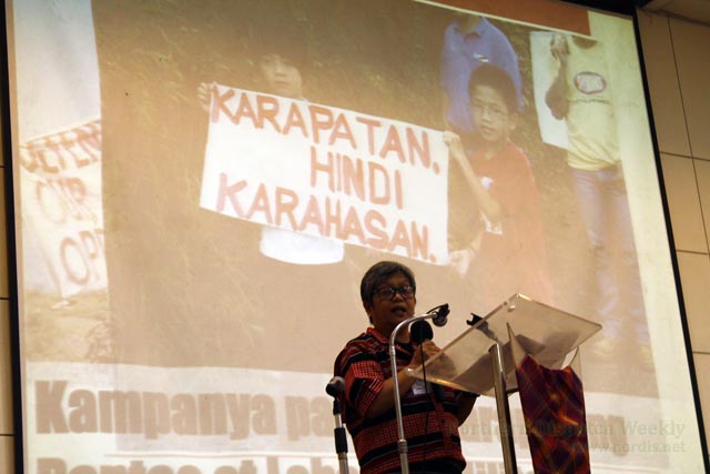 Jill K. Cariño, Cordillera Peoples Alliance Vice-Chair for External Affairs, during the Launching Assembly of SANDUGO, Movement of Moro and Indigenous Peoples for Self-determination. Photo by Rendilyn Cuyop